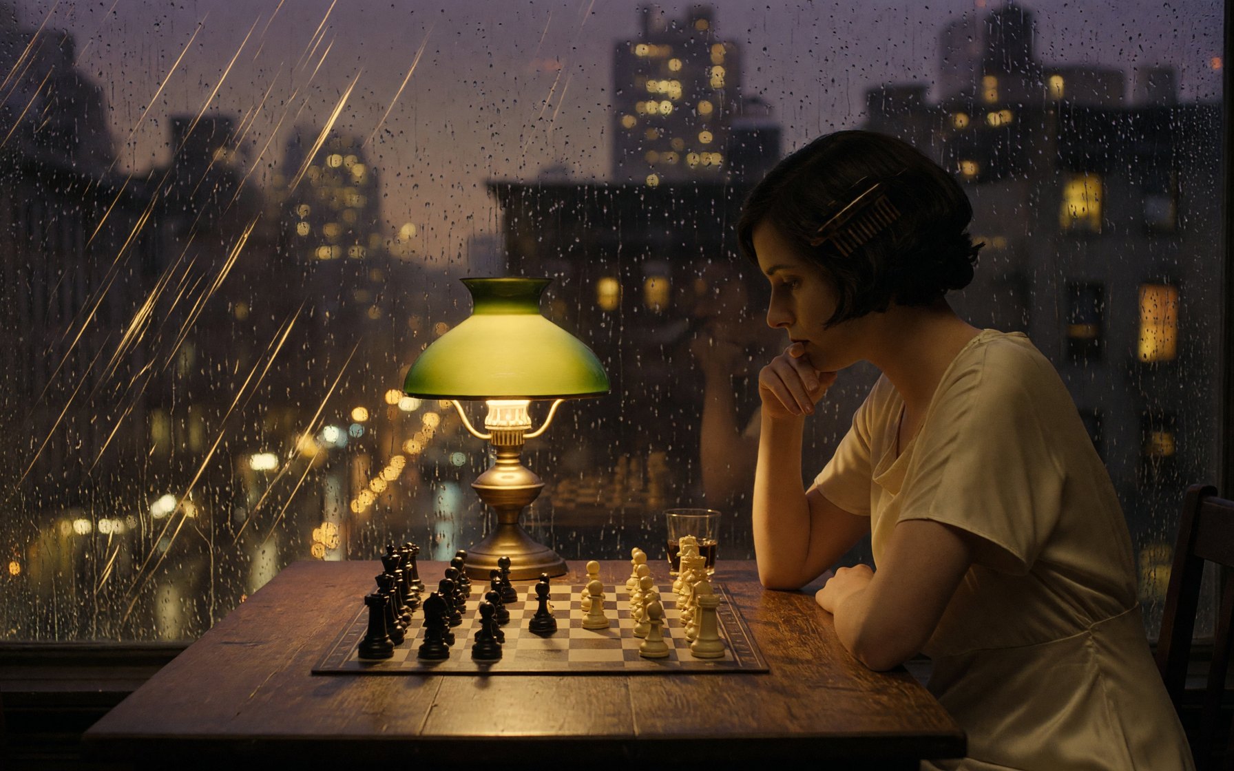 A woman at a chessboard in a 1925 apartment at dusk